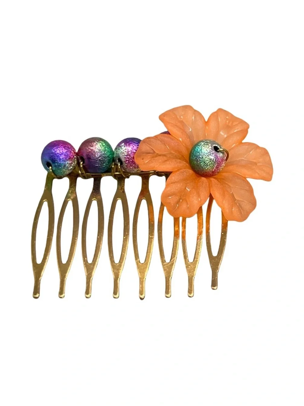 Orange Flower Hair Comb with Multicolor Beads - FINAL PRICE DROP